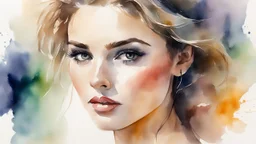 watercolor painting of a beautiful of a 25 year old woman, realistic skin texture, looking into the camera, Anna Razumovskaya style, atmospheric light, realistic colors