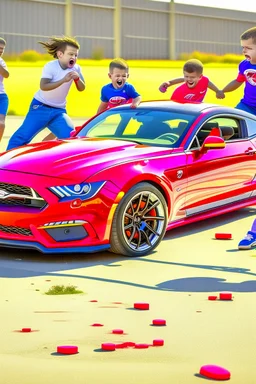 a ford mustang crashing into a group of kids