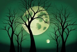 trees with leaves and a full moon peaceful abstract artwork, calm