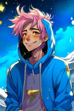 An androgynous young man with tousled pink hair and golden eyes floating among the stars wearing a light blue hoodie and black board shorts. He is smiling softly and holding a star in one hand.