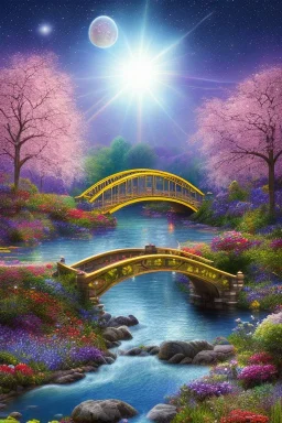 Pont avec des fleurs , riviers animé, soleil, ciel étoilé cgi,cinema 4d