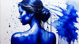 dissolving into tears: the women rear view, head bent forward, blue ink painting, rain