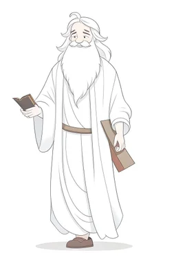 Disney style, white hair, white skin, white beard, coloring book, minimalism, simple lines, white background, STICKER, WHOLE BODY, A CUTE man with ajacket in his hand, long white beard, flowing hair, and long tunic, sandals, open arms, A detailed illustration, in the style of Studio Ghibli, 3D vector art, cute and quirky, fantasy art, Adobe Illustrator, hand-drawn, low-