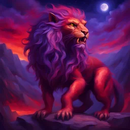 manticore in vivid purple and glowing red, background night, in oil painting art style