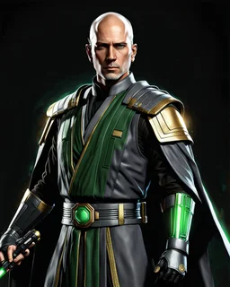 star wars bald male corellian jedi pilot wearing black and gunmetal grey old republic armored robes with gold trim inside the jedi temple holding a lightsaber with viridian green blade in left hand, centered head and shoulders portrait, hyperdetailed, dynamic lighting, hyperdetailed background, 8k resolution, volumetric lighting, light skin, fully symmetric details