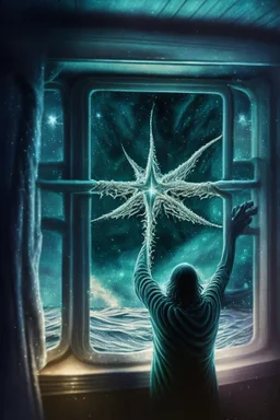 cthulu cutting window off patient , with background angel star field seen in the window of a boat, 4 k, trending art, depth of field