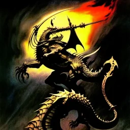 Death Dealer killing a dragon by Frank Frazetta style