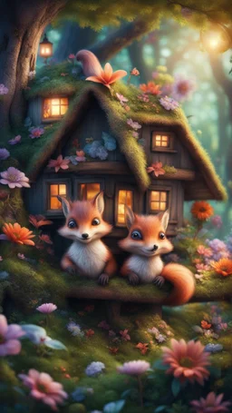 magazine cover with black border, adjust hue for evening, close up portrait of sleepy fox bug squirrel couple with weird worried cute huge eyes in a tree house in wonderful enchanted magical forest with amazing variety of flowers,bokeh like f/0.8, tilt-shift lens 8k, high detail, smooth render, down-light, unreal engine, prize winning