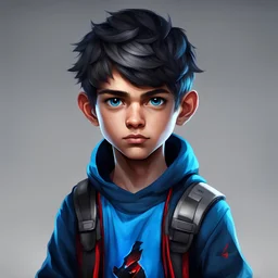 create an avatar of a young boy, he is a gamer and he likes blue, so he has blue, black or red clotes