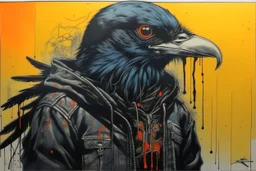 A contemporary serigraphy portrait by Kuniyoshi of a crow adorned in a punk leather jacket within a cyberpunk atmosphere.