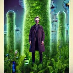 upper body of mad scientist in coat standing by cell towers overgrown with plants, spray paint art, movie poster