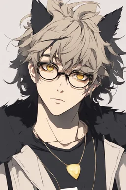 Anime style man with messy black hair and black cat ears. gold eyes. Glasses