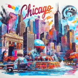 tourist poster of Chicago, Illinois in vibrant marker art style, featuring iconic landmarks such as Cloud Gate, Buckingham Fountain, Sears Tower illustrated with bold strokes, vivid colors, hand-drawn marker textures, sketch-like outlines, and coloring-book aesthetics. Include dynamic urban scenery, expressive ink shading, playful imperfections, and energetic travel-poster composition. Typography “Chicago, Illinios” prominently displayed on top in stylish retro travel font, clean poster layout,