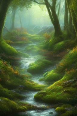 Generate an image of a serene forest scene with a river running through it.