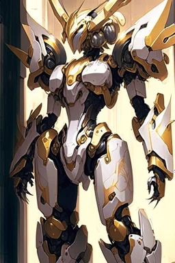 a gandam in a building, concept art of omegamon, arasaka mech, from arknights, intricate assasin mecha armor, mecha art, mecha anime, barbatos mobile suit, the golden humanoid robot, anime mech armor, modern mecha anime, beautiful gold saint, mecha, cgsociety 9