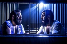 close up photography of two arab prisoners in cell sitting on the edge of a bed talking, muscular hairy chubby 45 years old,long beard, low lights, misery and poverty, in undershirt and boxers, little light enters from a skylight above, lights from above, photorealistic, ambient occlusion, front view from below