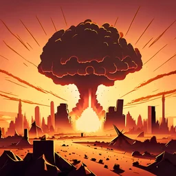 morning sunrise nuclear bomb explodes in vampire futuristic city with skyscrapers in the desert and clouds of dust form cartoon