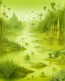 A light yellowish green swamp with bugs in daylight designed in ancient Egyptian hieroglyphics painted by Qiu Ying