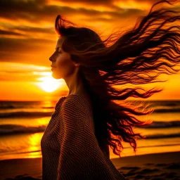 A very scantily clad young woman standing on the beach watching the sunset. The wind is playing with their hair.