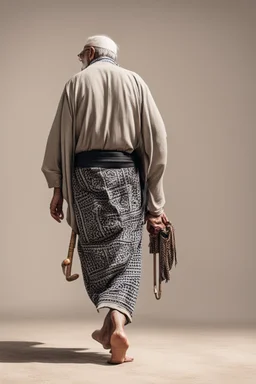 An old man wearing an Arabic keffiyeh, his back bent, walking barefoot, holding his cane upside down, looking back and holding his shoe in his hand.