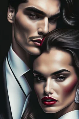 The cover features a stunning, hyper-realistic photograph with a sharp focus on the detailed attire of the mafia boss—a tailored suit exuding power and sophistication. Beside him stands the beautiful girl, her gradient lips and rosy cheeks captured in exquisite hyper-realism, their expressions evoking emotions of passion and depth. The white background accentuates the characters' striking appearances and the fine details of their outfits, creating an aesthetic contrast.