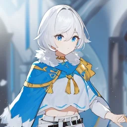 Clear focus, High resolution, rough line sketch art, short fluffy white hair, hair between eyes, fluffy hair, blue eyes, wearing a crop top, wearing shorts, detailed outfit, lots of details, bow on belt, white belt, white and blue everywhere on outfit, cut sleeve, yellow chains around outfit