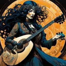 create an abstract expressionist , ethereal, darkly magical illustration of an epic female Andalusian guitarist, with highly detailed and deeply cut facial features, in the style of GUSTAV KLIMT and ALPHONSE MUCHA combined with the comic art style of BILL SIENKIEWICZ and JEAN GIRAUD MOEBIUS, searing lines and forceful strokes, precisely drawn, inked, and darkly colored