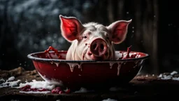 blood and a pig's head in blood in a large enameled bowl in the yard on the snow old, rural environment, winter, low light, dramatic atmosphere, high detailed, sharp focus, high realistic, perfect photo