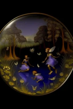 A violet wetlands with fairies designed in African pottery painted by Leonardo da Vinci