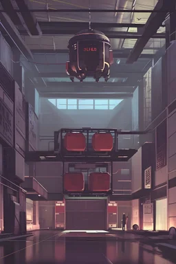 a scifi hanger with crates on the ceiling and floor and walls