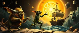 gremlin dog bison badger star ship captain dancing in the style of Rembrandt and Escher and Goa Trance Poster