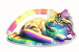 cute chibi maine coon cat lying in holographic rainbow sunshine