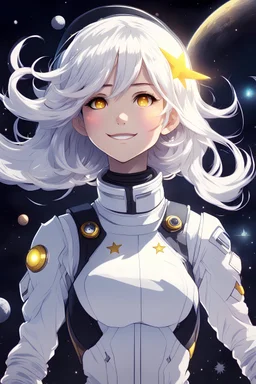 Space girl, has medium white hair with the center part of it black, has yellow eyes, is in space flying on top of a star, she wears a blouse and doesn't need a helmet to fly in space, She smiles calmly, Anime style
