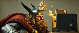 The mighty God Thor sees the toaster spit out some bread. The bread is jumping over his head. In the style of Rembrandt and "Gods of Fallout 4"