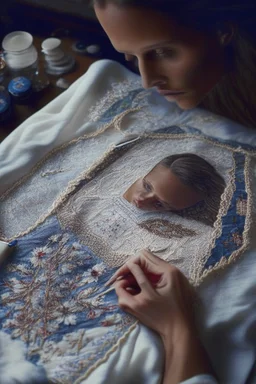 Hand sewn and embroidered Alicia Vikander, threads, sewing needles on a table on lace blanket