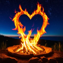 fire in a heart, against a beautiful night sky, romantic setting