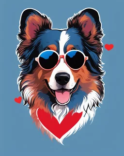 Vibrant, fun t-shirt design of a stylish Australian Shepherd dog with cool sunglasses and relaxed demeanor. The coat is a gradient mix of blue, red and white. The background is a fun red heart-shaped silhouette. The overall design is visually striking and would turn heads on a (((black t-shirt)))