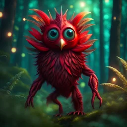 a tall thin fury red monsster\\ walking in a magical forest, whimsical background, detailed structure, trending on artstation, bokeh, sparkles, vibrant colors, 16k. surrealistic hybrid creature, detailed beautiful eyes and feather