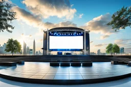 a big open empty disko stage in modern city in a very big square , at distance,cloudy sky ,moon light .