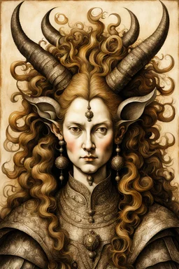 a Flemish Renaissance era ink wash and watercolor illustration of an otherworldly, richly adorned, demoness , highly detailed hair and facial features, in the style of Pieter Brueghel, Jan van Eyck, Quentin Matsys, and Hieronymus Bosch, aged canvas, antique craquelure finish, archaic museum quality masterpiece, 4k