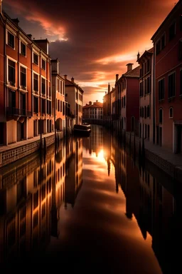 Erstelle ein Bild eines venezianischen Kanals bei Sonnenuntergang mit reflektierendem Wasser und beleuchteten Gebäuden."