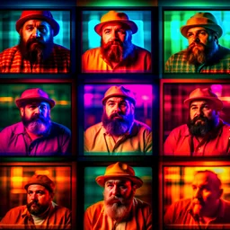 vintage photos arranged in a 2X2 grid, a fat, bearded man (watching tv:1.8),,comic book panels, multiple angles, a mixture of lighting and color palettes.