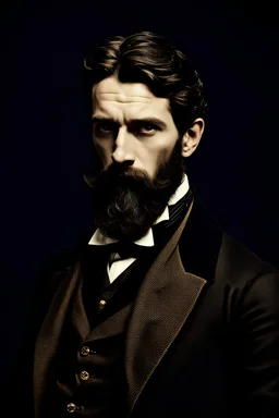 A Dark-Haired Man With A Strong Jaw And A beard wearing victorian dress clothes
