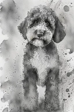 Abstract wet watercolour of a black and white bernadoodle, ink lines, splashy background detailed,focus on eyes, watercolour paper