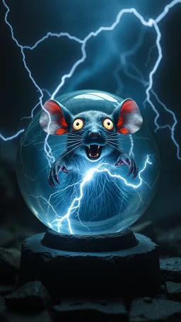In a liberty. crystal ball inside it a an electrical spark and scary creature looks like a zombie rat is open eyes wide from the electrical shock