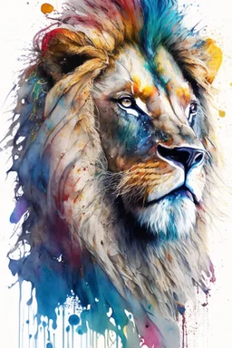 "lion", clean design, art station, splash of colorful paint, contour, ((solid white background)), gazing into camera, hyperdetailed intricately detailed, unreal engine, fantastical, intricate detail, splash screen, complementary colors, fantasy concept art, 8k resolution, DeviantArt masterpiece, watercolor, paint dripping