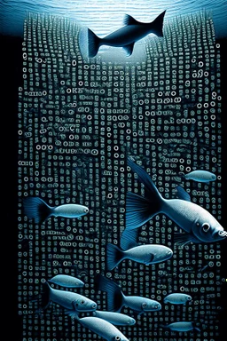 The artwork "school of ASCII fish swimming by" depicts a school of fish where each one is created from a less than sign, a greater than sign, and a less than sign on the computer keyboard "<><"