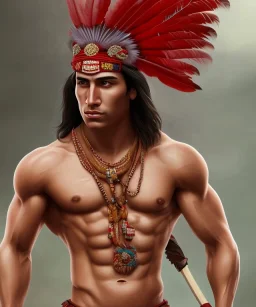 Guaicaipuro, native american god warrior, long black hair, big muscles, red feathers headdress, shirtless, holding a stone tip spear, fierce face