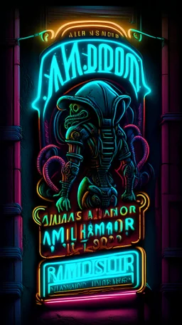 Little ambassador tattoo shop sign, banner, intergalactic, sci-fi, neon,retro, alien in hoodie, iron maiden style,