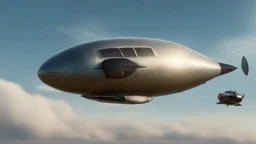 a high definition screen shot of a jet-fighter vw-beetle, blimp retrofuturistic, phototrealism, in flight, one subject,